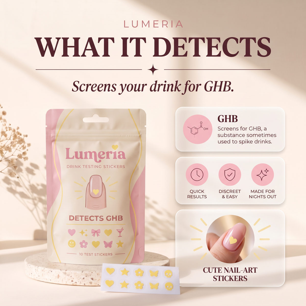 What Lumeria detects: screens your drink for GHB, quick, discreet, cute nail-art stickers