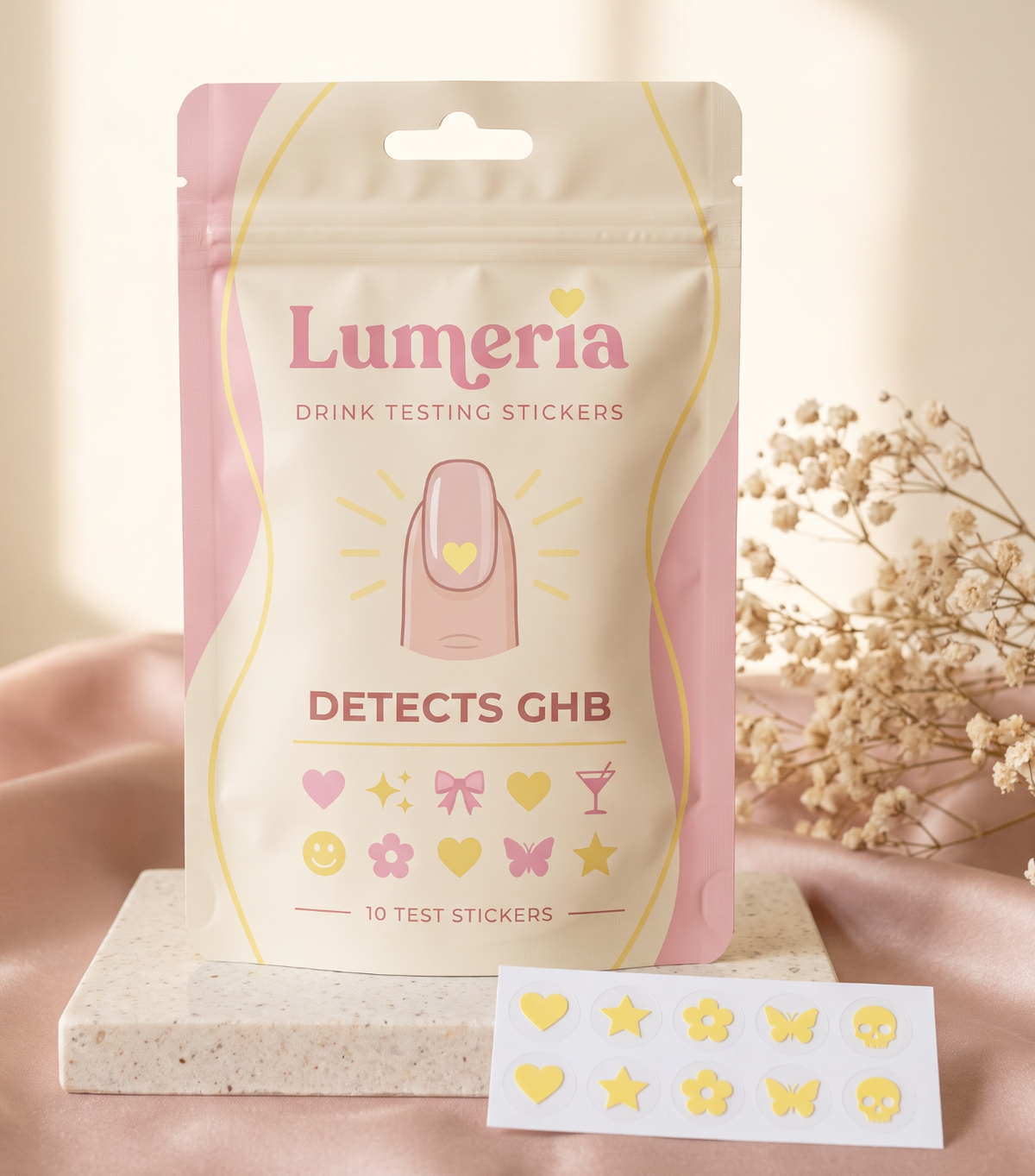 Lumeria drink testing nail stickers pack with a sheet of heart, star, flower, butterfly and skull stickers