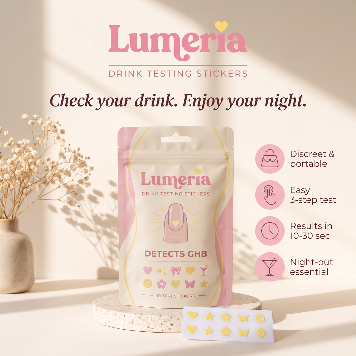 Lumeria drink testing stickers: discreet, easy 3-step test, results in 10-30 seconds