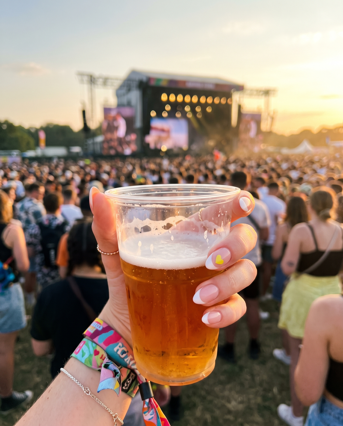 Holding a beer at a music festival with a yellow Lumeria heart sticker on a nail
