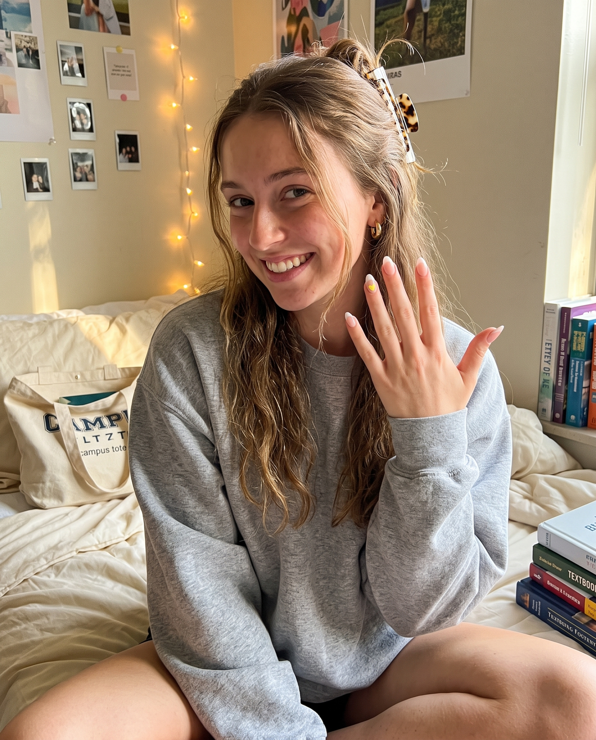 College student in her dorm room showing a Lumeria heart sticker on her nail