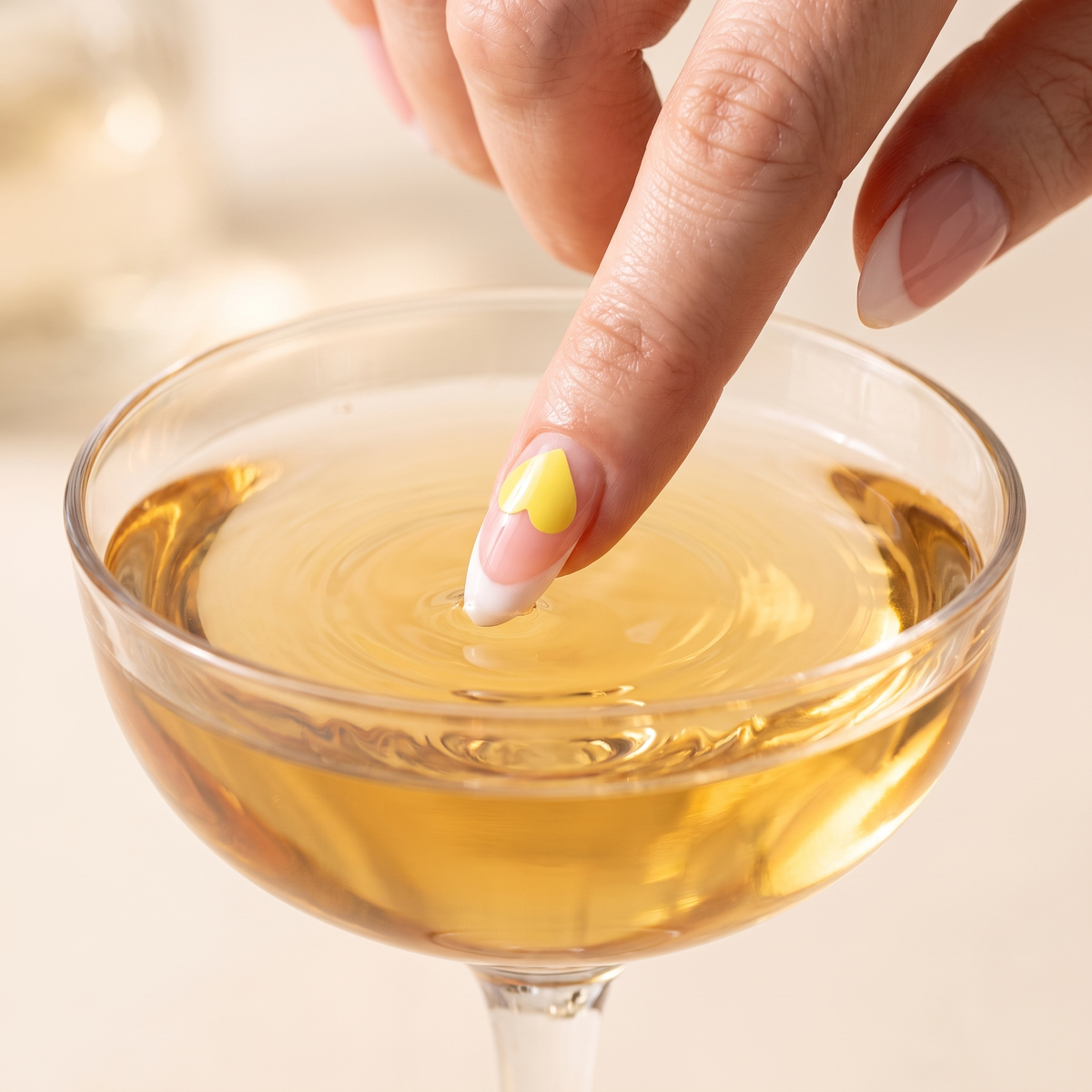 Dipping the nail with the yellow heart sticker into a golden cocktail